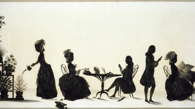 Silhouette, painted, Jane Parminter, Elizabeth Parminter, Mr Frend, John Parminter and Mrs Frend by Francis Torond (1742-1812). A Parminter family group, labelled on reverse (see D/17b) 'A family piece taken when living in Greville Street, London in the year 1783. My cousin Mrs Jane Parminter watering a stage of plants. Miss Elisabeth Parminter her sister netting - Mr Frend reading. Mr John Parminter her brother playing on a mandolin and Mrs Frend her sister playing on the Harpsichord'. Painted by Francis Torond (1742-1812)